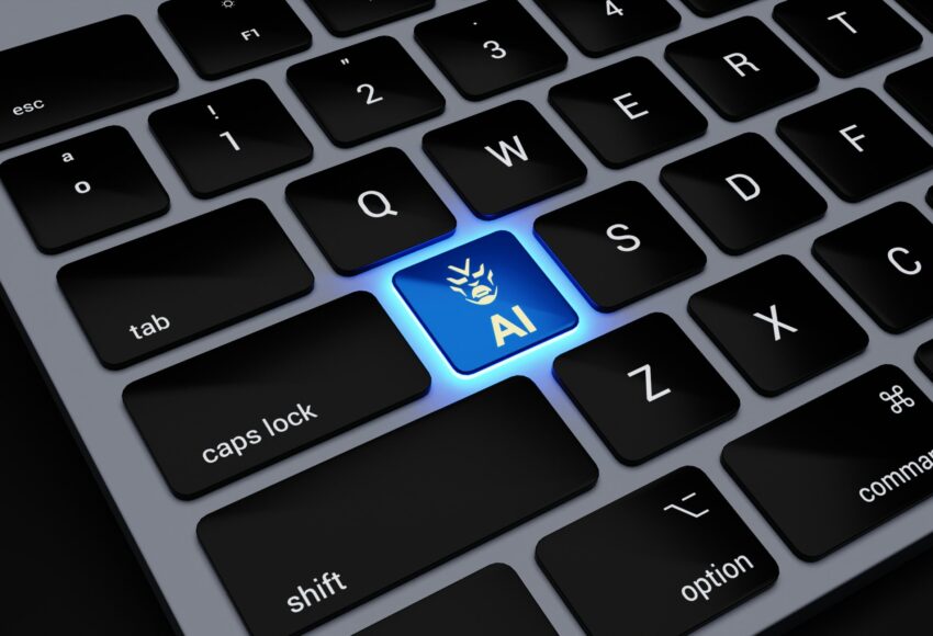 a computer keyboard with a blue light on it